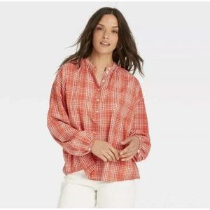 Universal Thread S Orange White Plaid Oversize Button Popover Balloon Sleeve Top